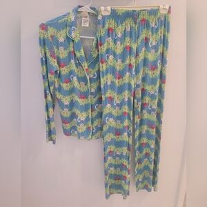 munki munki Women's Pajama Set with christmas Cat  Print in Blue and Green XS